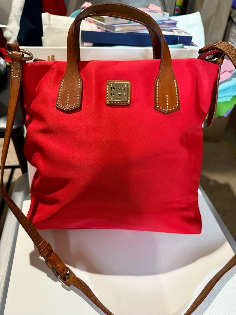Dooney & Bourke Red Tote with Brown Leather Trim